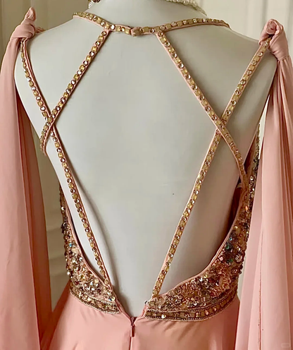 Gorgeous Spaghetti Straps V Neck Chiffon Sequin Beaded Long Wedding Guest Dress,Pink Mermaid Evening Dress D3098