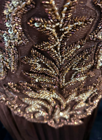 Vintage Brown Halter V Neck Satin Beaded A Line Long Evening Dress Birthday Party Dress D3120