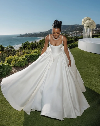 Elegant White Spaghetti Straps Satin Ball Gown Long Wedding Dress D1274