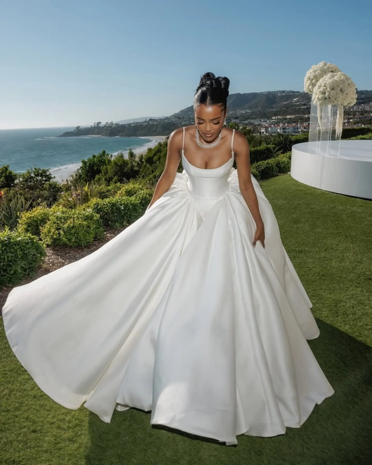 Elegant White Spaghetti Straps Satin Ball Gown Long Wedding Dress D1274