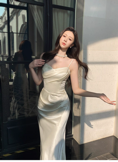 Classy Spaghetti Straps White Satin Pleated Mermaid Long Evening Dress Formal Wedding Guest Dress D2184