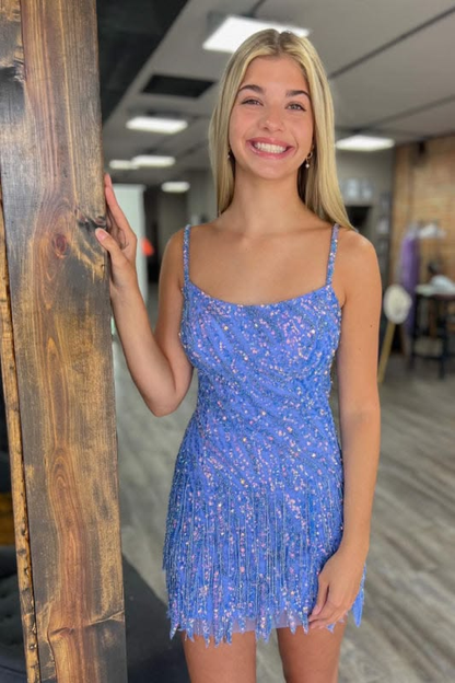 Sparkly Spaghetti Straps Gold Sequin Tassel Short Party Dress Homecoming Dress D4665