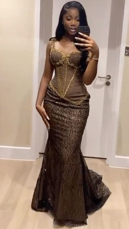 Fashion Brown Satin Sequin Mermaid Long Party Dress Prom Dress D5404