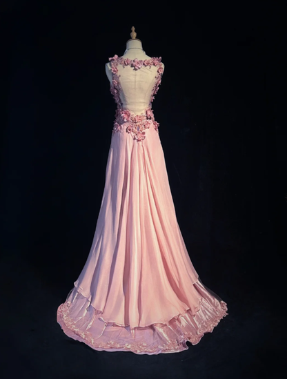 Classy V Neck Chiffon Beaded Appliques Long Evening Dress,Pink Mermaid Birthday Prom Gown Formal Wedding Guest Dress D2020