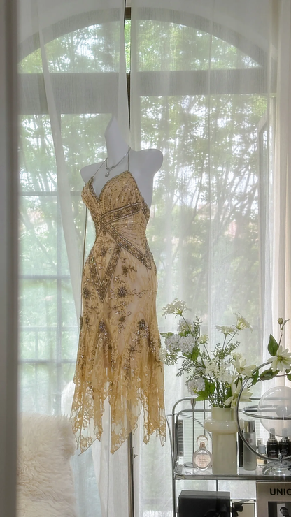 Vintage Spaghetti Straps Lace Sequin Mermaid Evening Dress Long Prom Dress S726