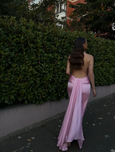 Classy Halter Pink Satin Long Party Dress Formal Bridesmaid Dress D685