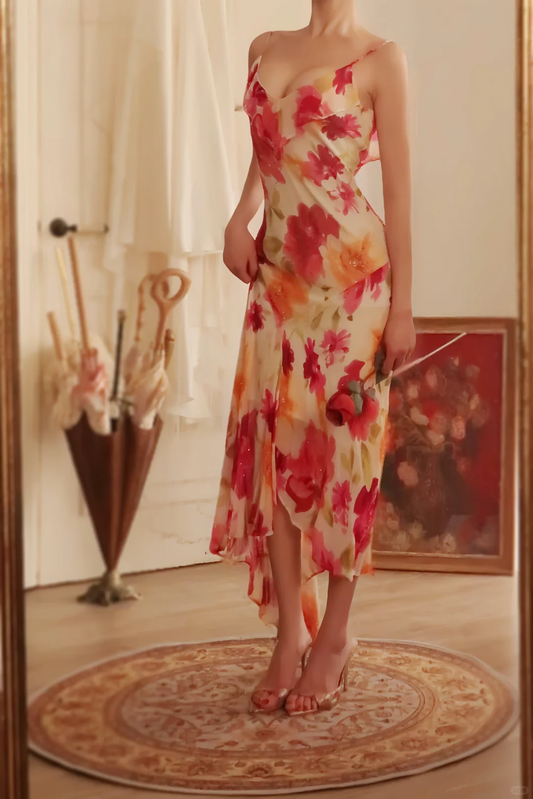 Pretty Spaghetti Straps V Neck Chiffon Print Floral Mermaid Long Evening Dress Birthday Dress D2779