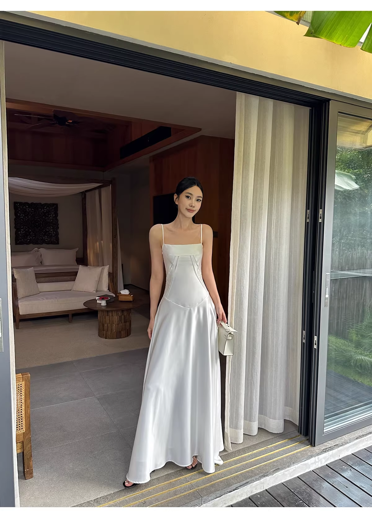 Classy Spaghetti Straps White Satin A Line Long Birthday Evening Dress Formal Wedding Guest Dress D2128