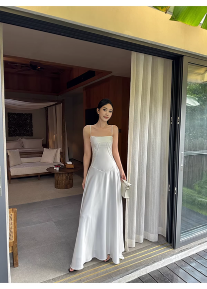 Classy Spaghetti Straps White Satin A Line Long Birthday Evening Dress Formal Wedding Guest Dress D2128