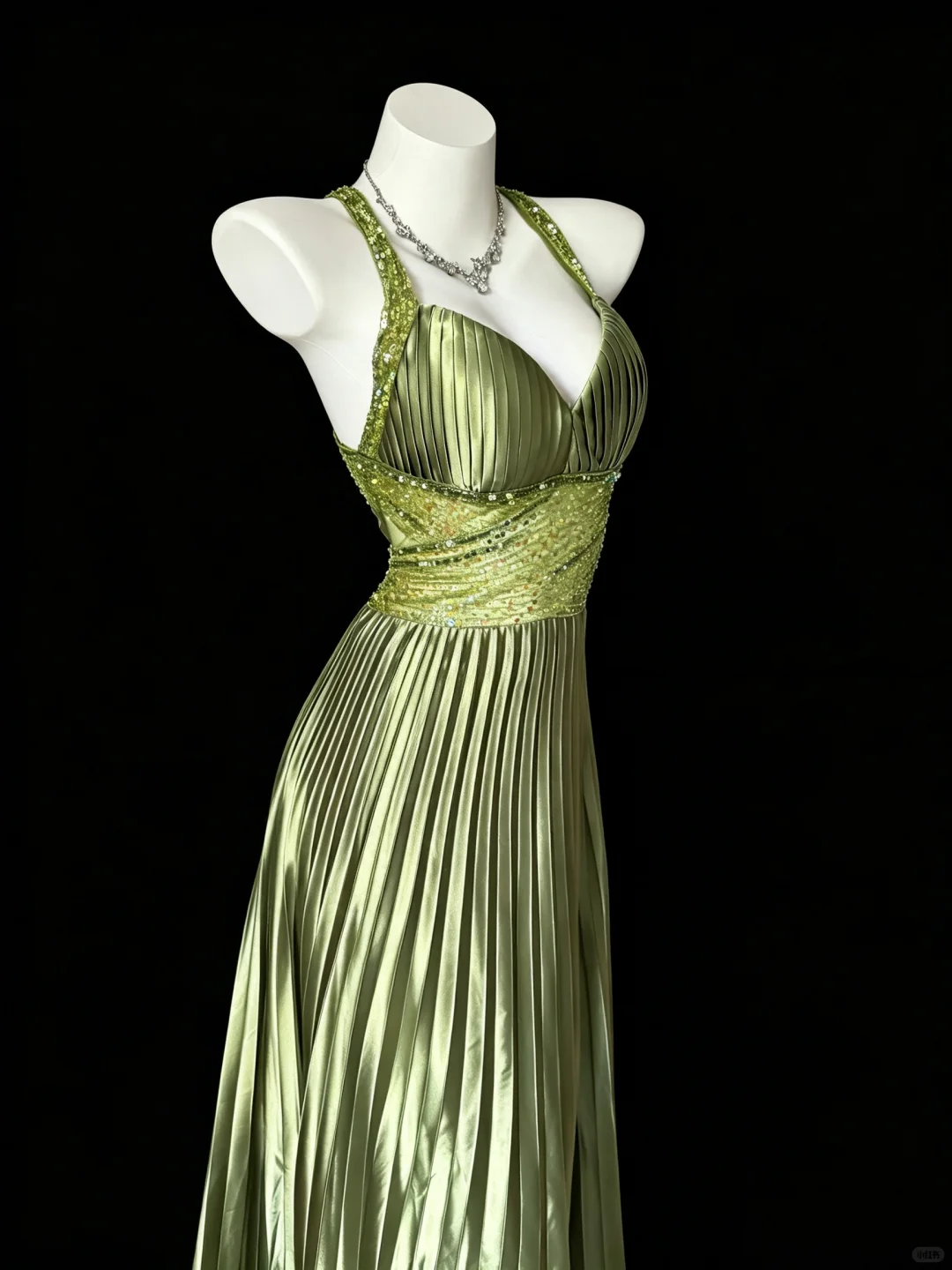 Elegant Sage Green Satin Pleated Beaded Party Dress V Neck Long Evening Dress D5261