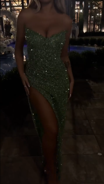 Glamorous Green Sequin Slit Sheath Long Prom Dress Strapless Long Party Dress D5125