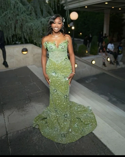 Luxurious Green Strapless Satin Sequin Beaded Mermaid Long Evening Gown Birthday Party Dress D4901