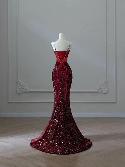 Sexy Mermaid Spaghetti Straps Sequin Burgundy Long Prom Dresses SD1515