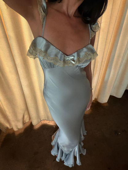 Elegant Spaghetti Straps Blue Satin Lace Ruffle Mermaid Long Party Dress Evening Dress D5103