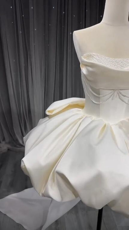 Pretty Strapless Satin Beaded Short Party Dress White Short Graduation Homecoming Dress With Bow D4755