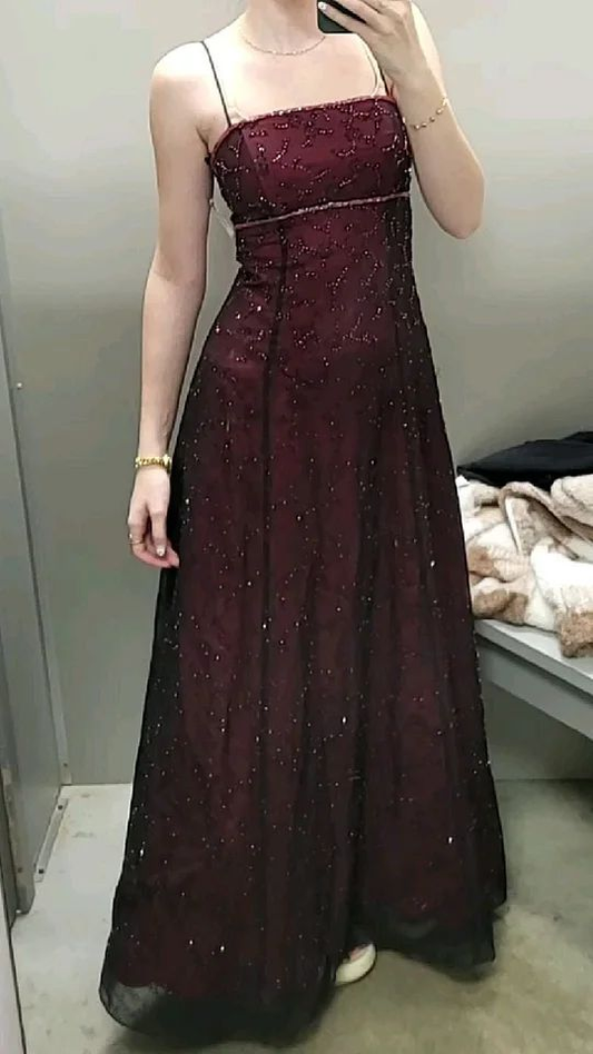 Vintage Spaghetti Straps Burgundy Tulle Beaded A Line Long Party Dress Birthday Evening Dress D1655