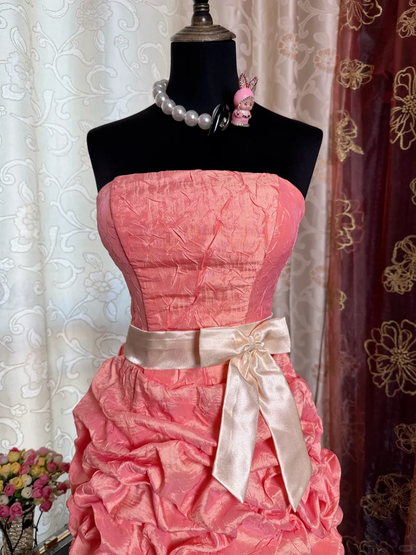 Classy Peach Pink Strapless Satin Pleated Sheath Short Prom Dress Homecoming Dress D727