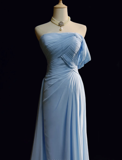 Classy Sky Blue One Shoulder Chiffon Pleated Mermaid Party Dress Long Wedding Guest Dress Evening Gown D1851