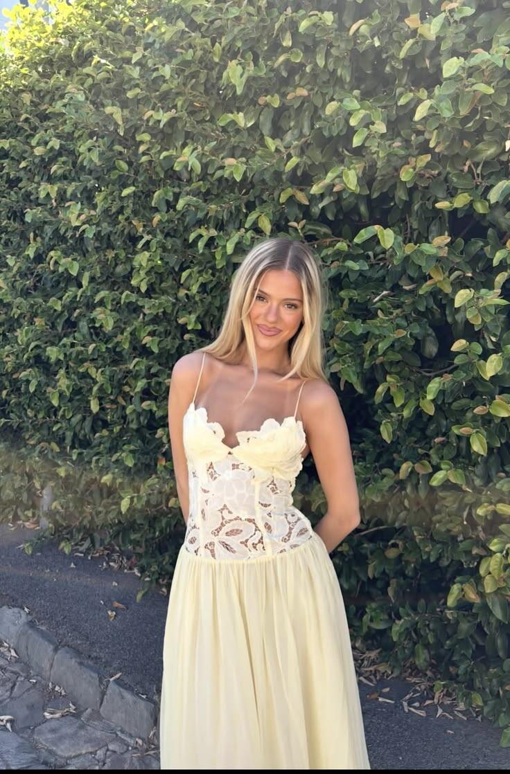 Elegant Spaghetti Strap Pastel Yellow Lace Chiffon Long Party Dress Evening Gown D3432