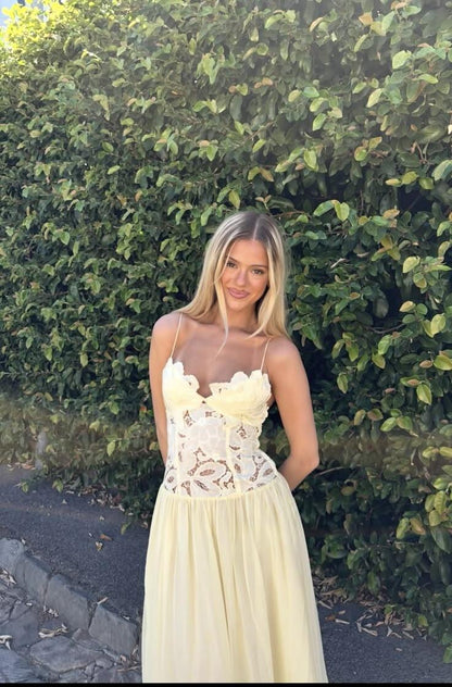 Elegant Spaghetti Strap Pastel Yellow Lace Chiffon Long Party Dress Evening Gown D3432