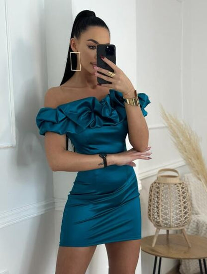 Fashion Strapless Satin Ruched Sheath Cocktail Dress,Peacock Blue Short Graduation Homecoming Dress D3749
