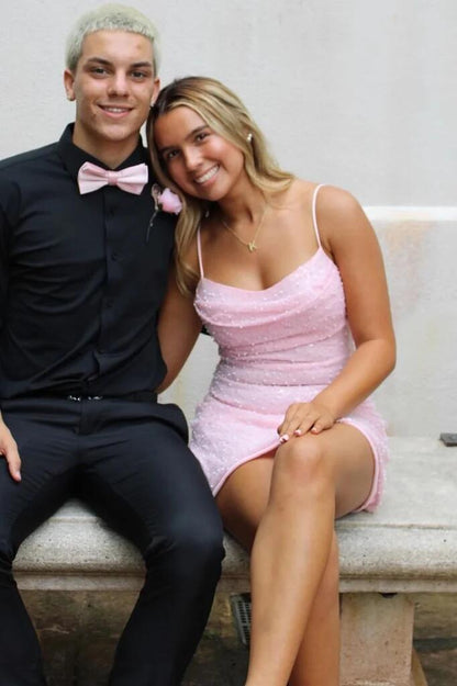 Charming Spaghetti Straps Pink Tulle Pearls Short Homecoming Dress Birthday Outfits D3736