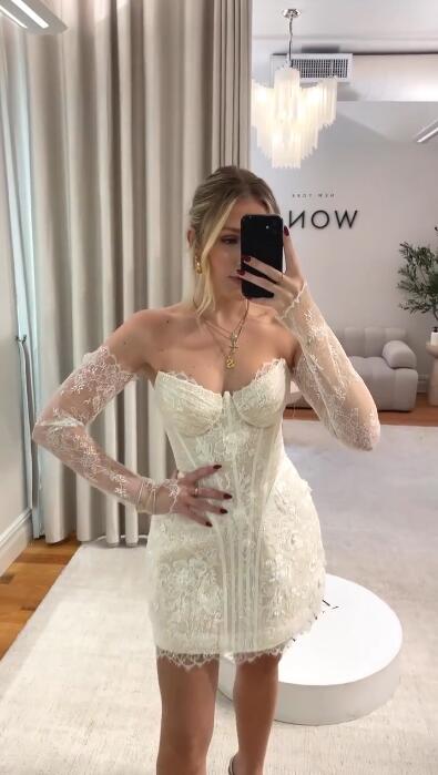 Charming White Strapless Tulle Lace Sheath Short Homecoming Dress Birthday Outfits D4293
