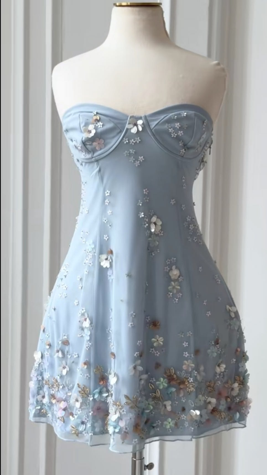 Cute Strapless Blue Satin Tulle Sequin Floral Short Homecoming Dress Birthday Dress D3157