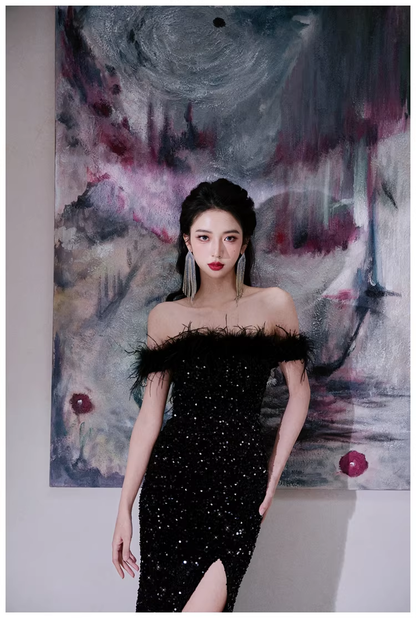 Glamorous Feathers Strapless Black Sequin Slit Mermaid Evening Dress Long Birthday Party Dress D2455