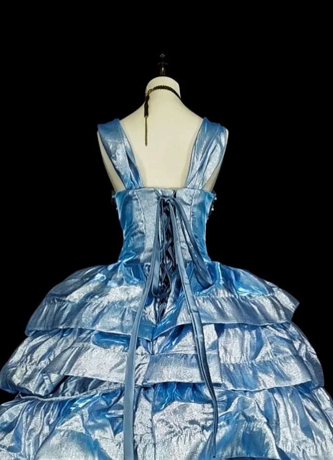 Elegant Blue Beaded Satin Layered Long Evening Dress Party Dress D5379