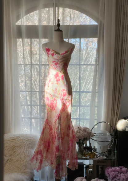 Glamorous Spaghetti Straps Chiffon Print Floral Mermaid Evening Dress Pink Long Party Dress D2102