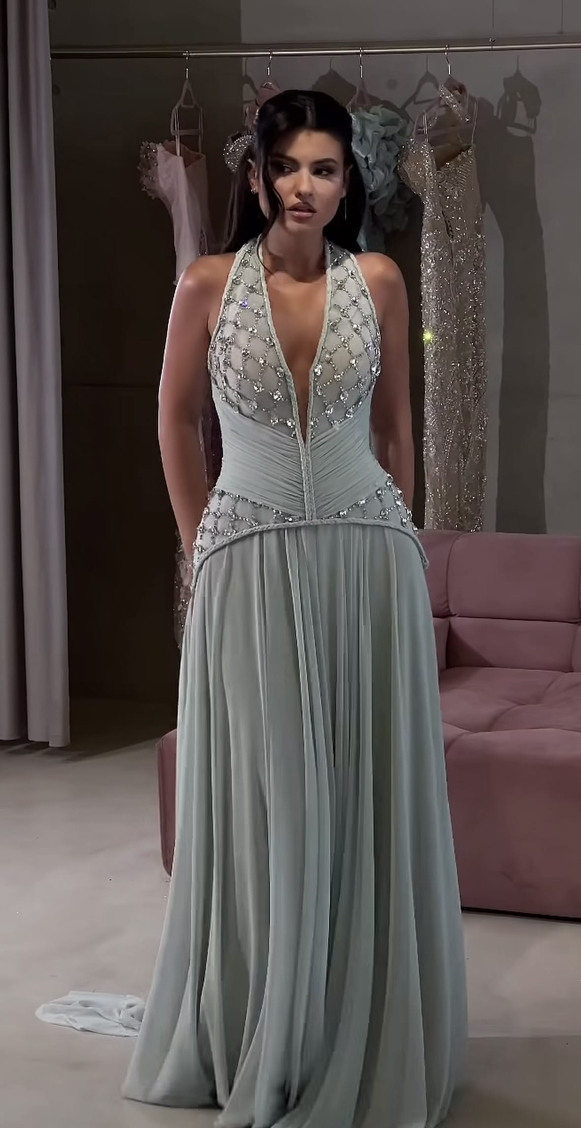 Classy Halter V Neck Chiffon Pleated Beaded Long Party Dress Dusty Sage Long Evening Dress D4794