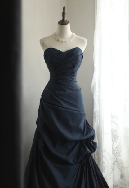 Vintage Navy Blue Strapless Satin Pleated Mermaid Long Evening Dress Birthday Prom Dress D2328