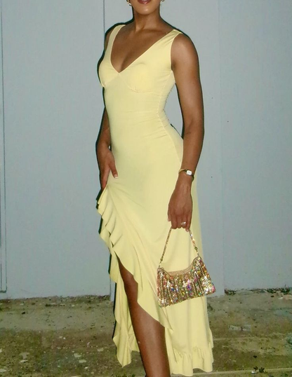 Sexy V-Neck Yellow Satin Ruffles Slit Long Party Dress Prom Gown D4956