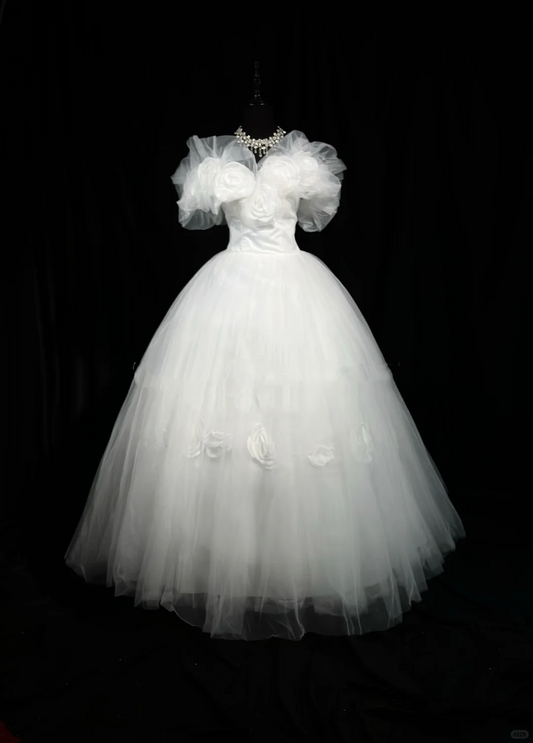 Fairy Ball Gown Off The Sholder 3D Flowers White Tulle Beaded Long Evening Dress Birthday Dress D2507