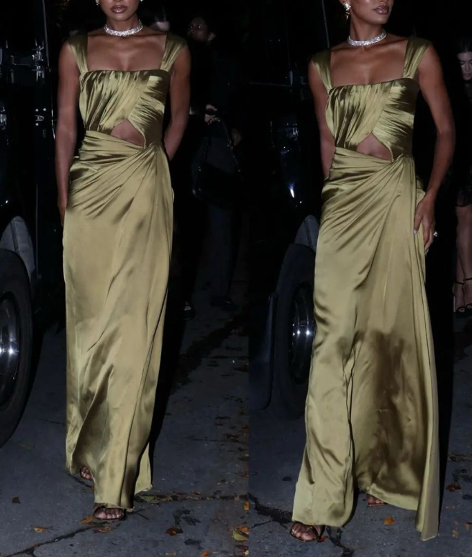 Stylish Spaghetti Straps Satin Pleated Long Wedding Guest Dress Olive Green Long Party Dress D4747