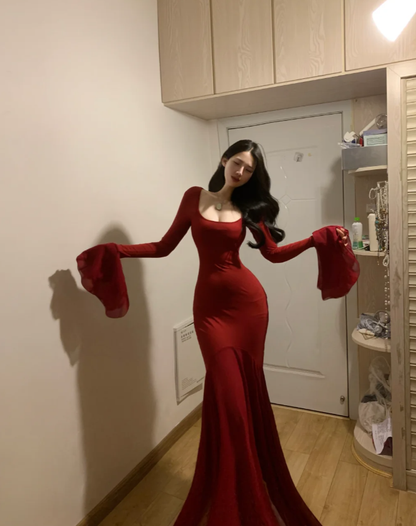 Charming Red Chiffon Mermaid Long Party Dress Prom Gown D844