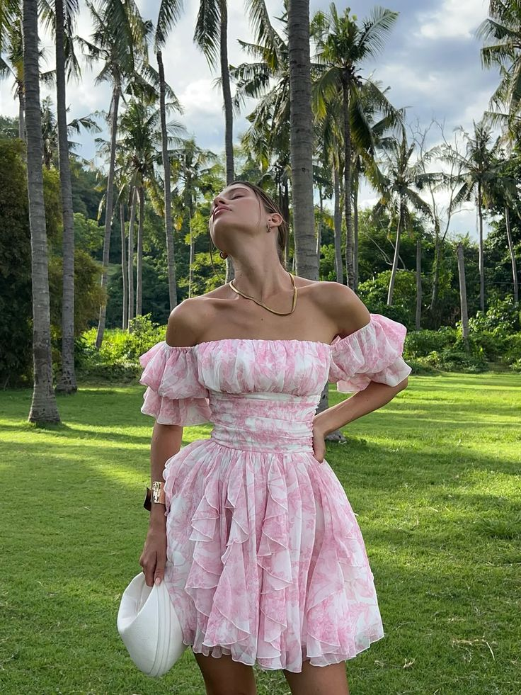 Glamorous Pink Chiffon Printed Floral Short Graduation Homecoming Dress,Off The Shoulder Short Party Dress D3312