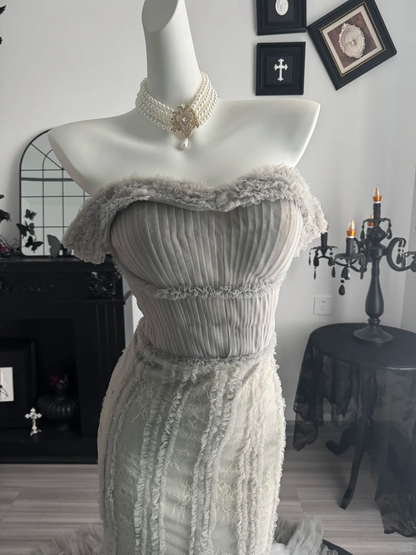 Classic Gray Tulle Pleated Layered Mermaid Evening Dress,Off The Shoulder Prom Gown D3708