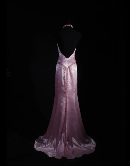 Classy Halter V Neck Satin Beaded Mermaid Long Party Dress Birthday Dress D2243