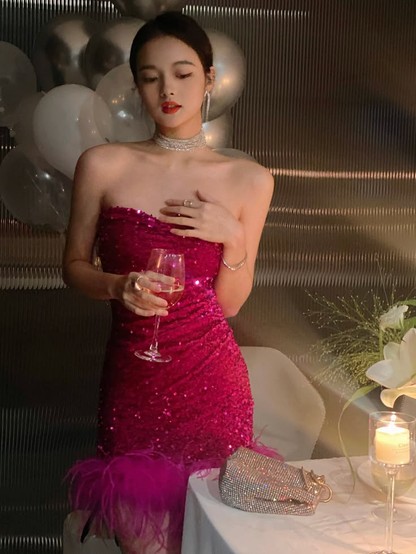Sparkly Strapless Hot Pink Sequin Feathers Sheath Short Homecoming Dress Birthday Dress D4543