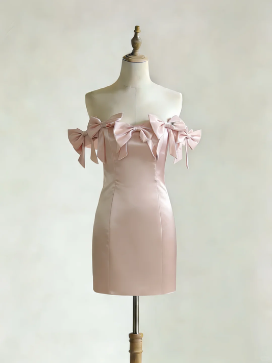 Elegant Bow Off The Shoulder Satin Sheath Short Graduation Homecoming Dress,Pink Short Birthday Dress D2801