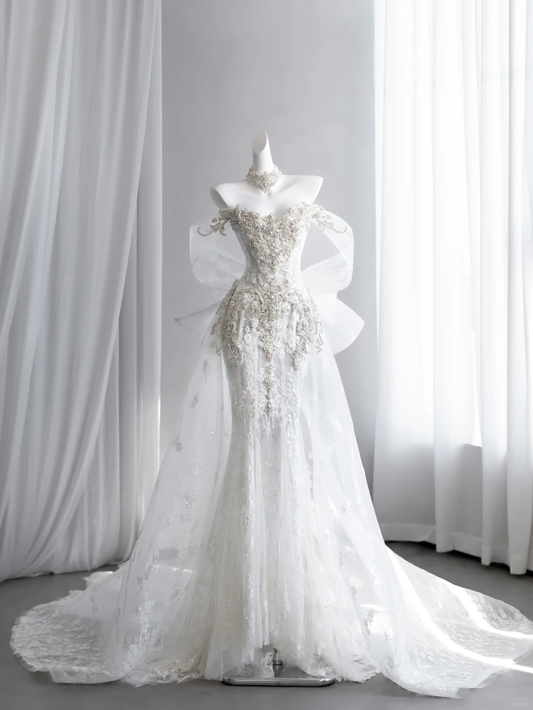 Beautiful Off The Shoulder White Tulle Lace Beaded Mermaid Long Wedding Dress D5086