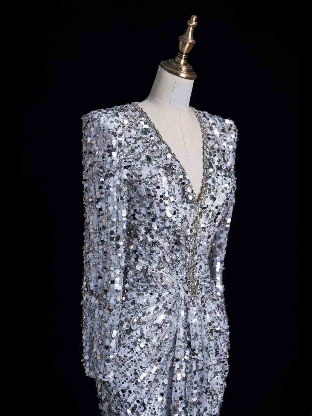 Sparkly V Neck Silver Sequin Beaded Sheath Long Party Dress Evening Dress With Ruched D4851