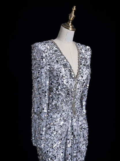 Sparkly V Neck Silver Sequin Beaded Sheath Long Party Dress Evening Dress With Ruched D4851