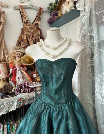 Vintage Strapless Dark Green Organza Ball Gown Long Evening Dress D1290