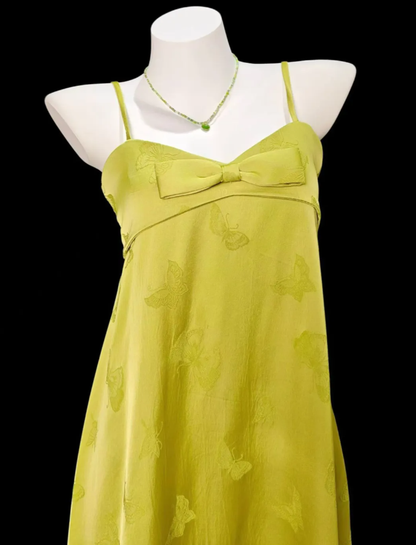 Unique Spaghetti Straps Chartreuse Green Satin Butterflies Print Long Party Dress Birthday Prom Dress D2343