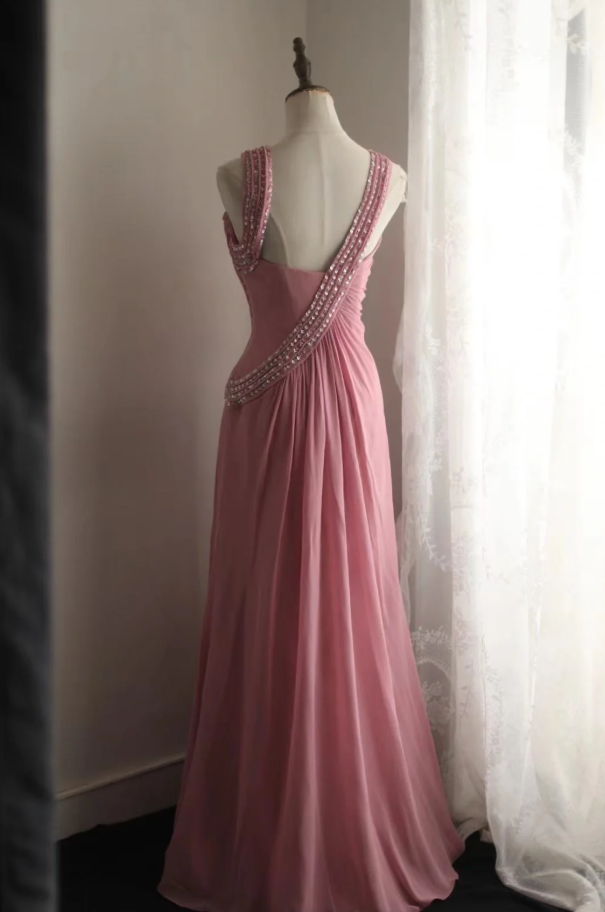 Pretty Pink Chiffon Beaded Mermaid Long Party Dress Evening Gown D2326