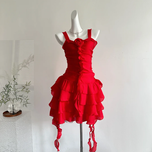 Pretty Red Chiffon Ruffled A Line Vacation Dress Short Birthday Outfits S700