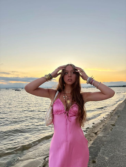 Sexy Spaghetti Straps Satin Long Wedding Guest Dress,Hot Pink Backless Long Party Dress D3486